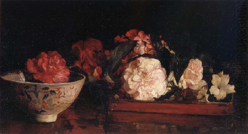 John La Farge Flowers in a Japanese Tray on a Mahogany Table